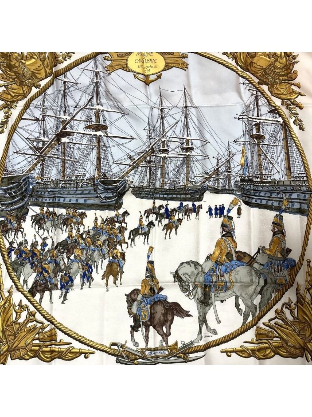 Hermes Marine Et Cavalerie Sea and Corps Carre 90 Large Scarf White Multicolor - Picture 3 of 10